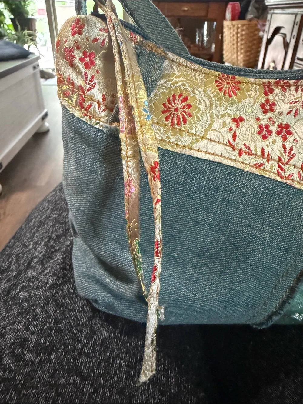 Patchwork Heart Denim Bag in Sage Green and gold accent colors.